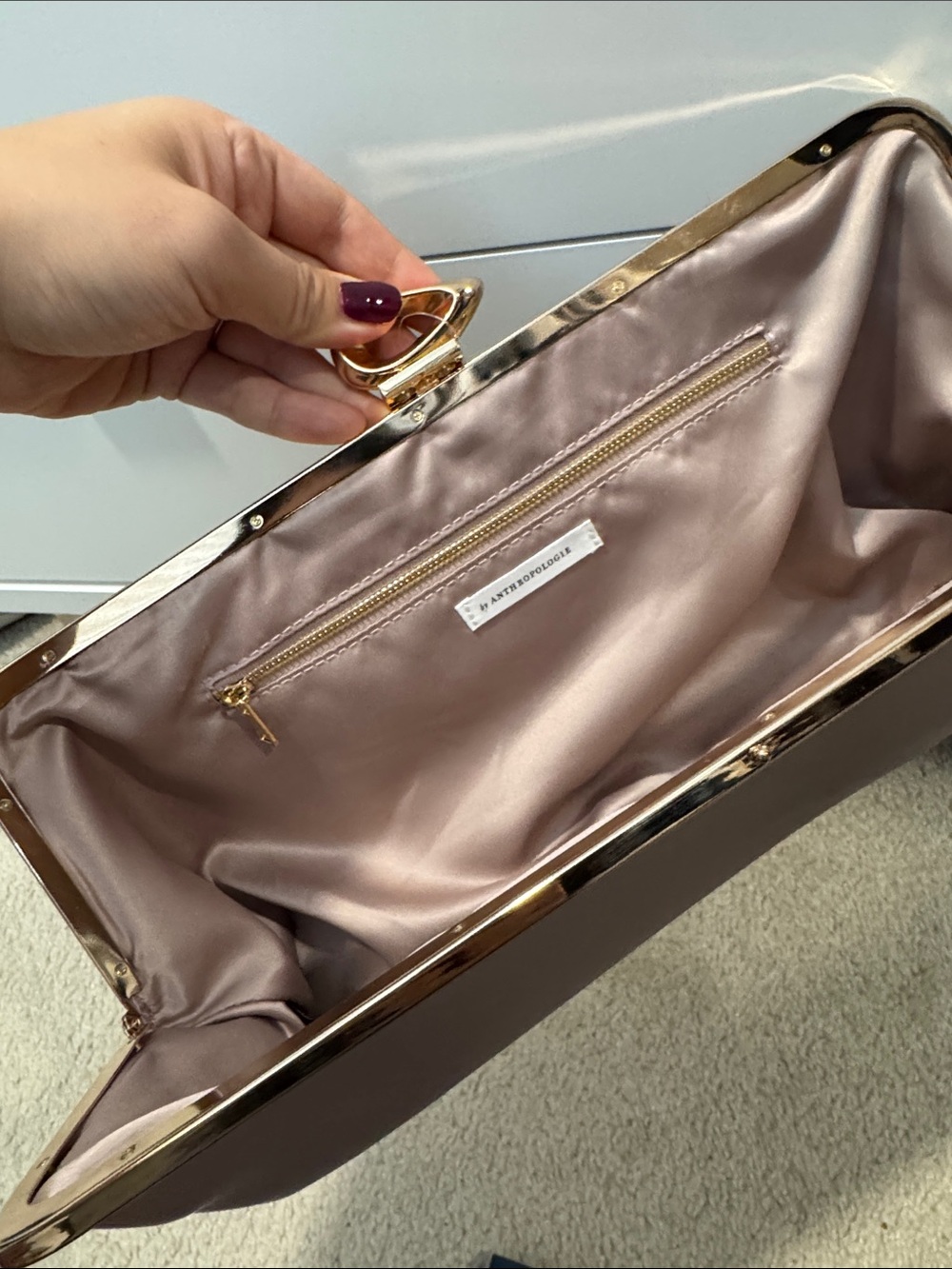 Anthropologie Mauve Leather Frame Clutch with Gold Trim - Picture 3 of 4